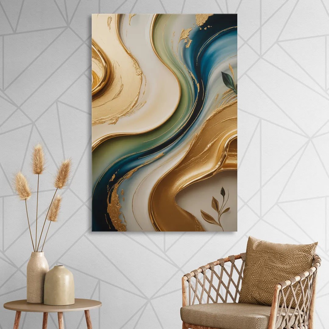 Opulent Flowing Forms Gold Abstract Sitting Room - Canvas Wall Art