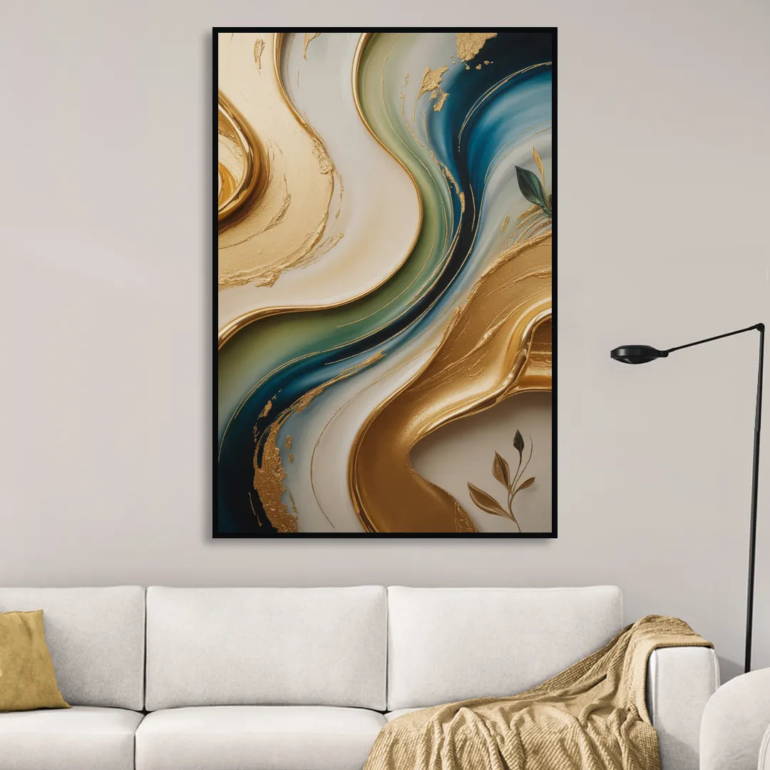 Opulent Flowing Forms Gold Abstract Sitting Room - Black Canvas Wall Art