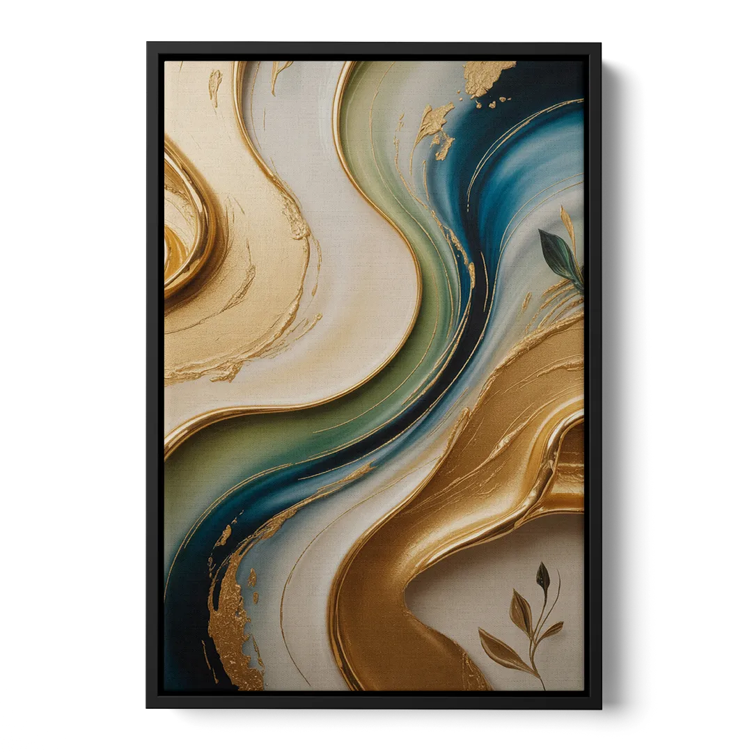 Opulent Flowing Forms Gold Abstract Front - Black Canvas Wall Art