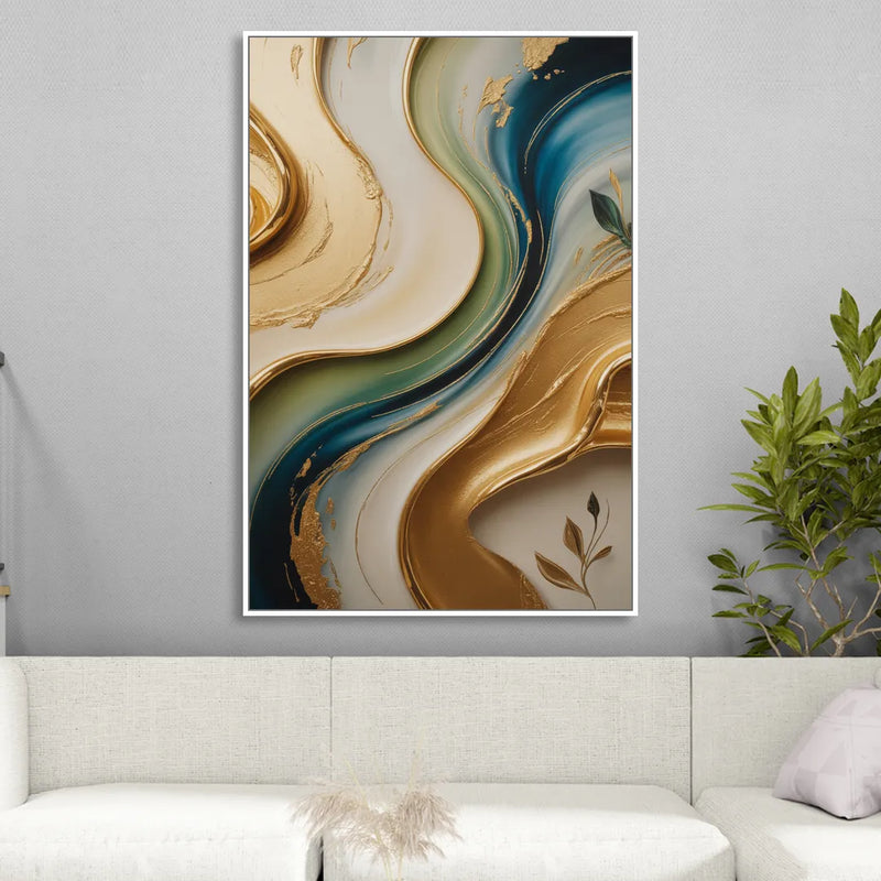 Opulent Flowing Forms Gold Abstract Living Room - White Canvas Wall Art