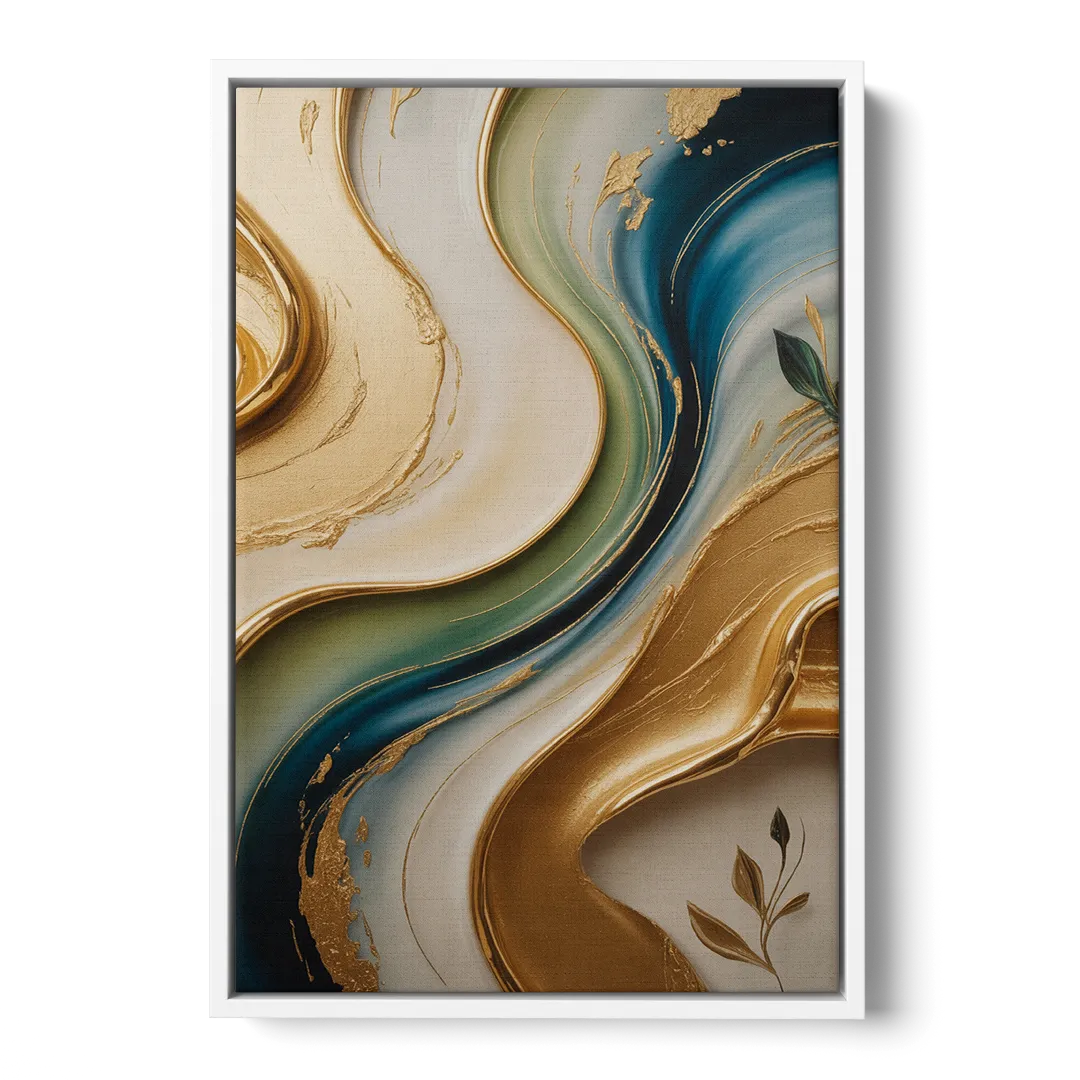 Opulent Flowing Forms Gold Abstract Front - White Canvas Wall Art