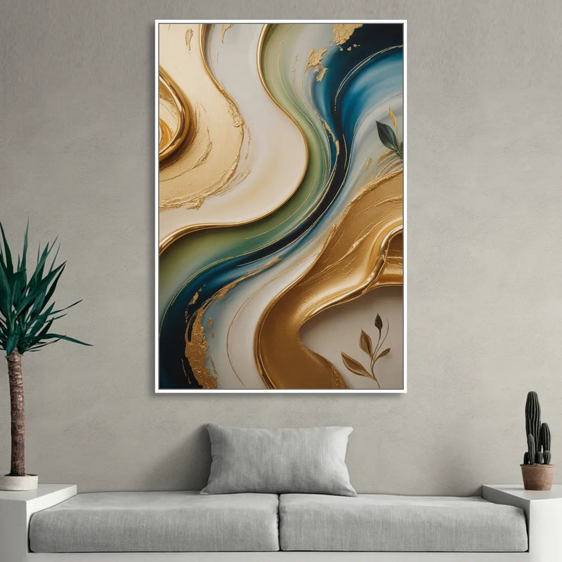 Opulent Flowing Forms Gold Abstract Sitting Room - White Canvas Wall Art