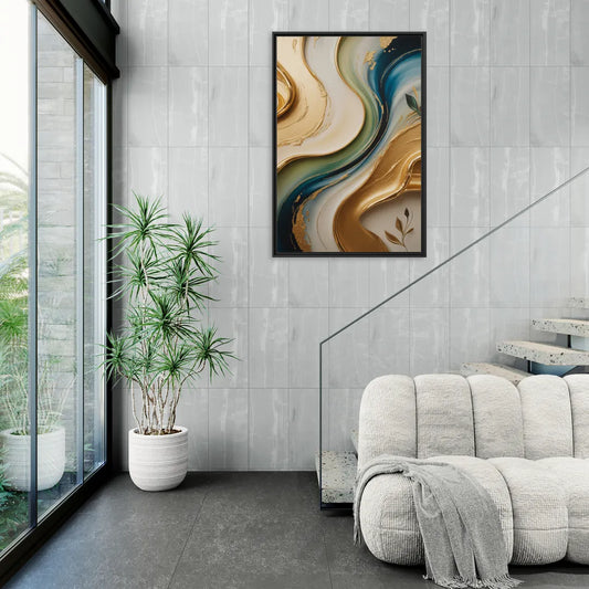 Opulent Flowing Forms Gold Abstract - Living Room Black Frame Canvas