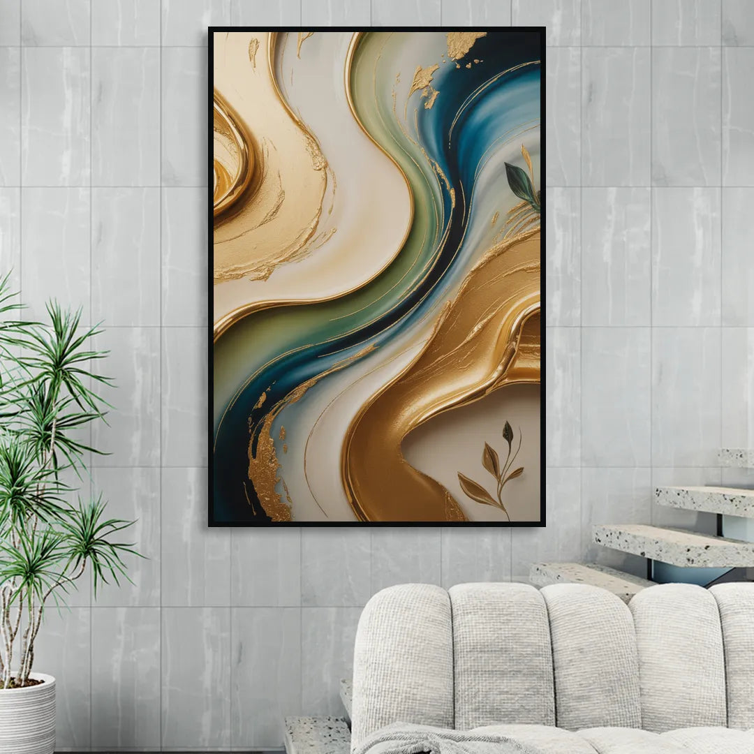 Opulent Flowing Forms Gold Abstract Living Room - Black Canvas Wall Art