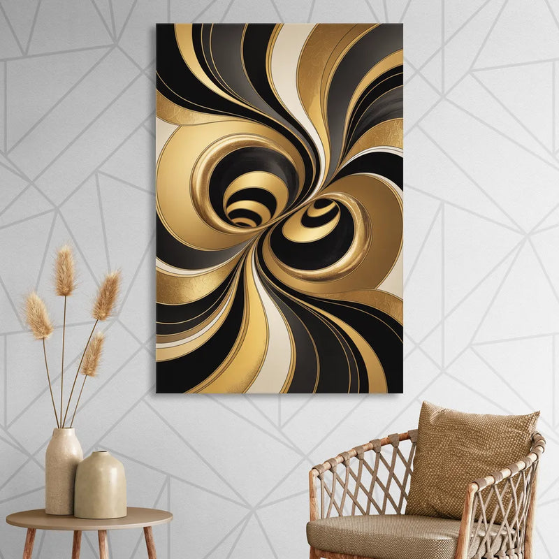 Opulent Fluidity in Black and Gold Abstract Living Room - Canvas Wall Art