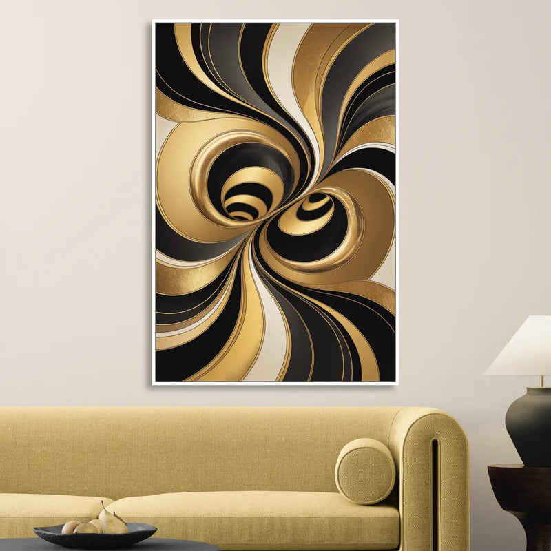 Opulent Fluidity in Black and Gold Abstract Sitting Room - White Canvas Wall Art