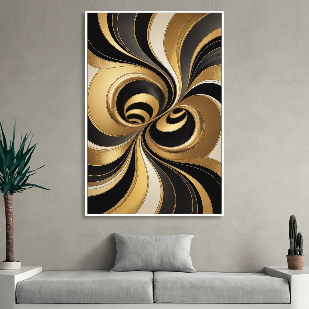 Opulent Fluidity in Black and Gold Abstract Living Room - White Canvas Wall Art
