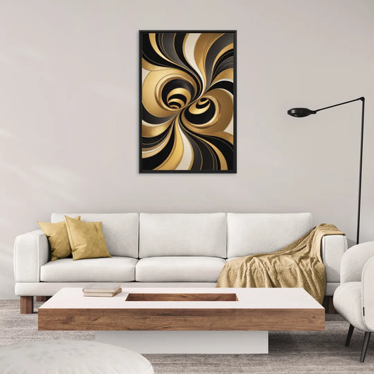 Opulent Fluidity in Black and Gold Abstract - Living Room Black Frame Canvas