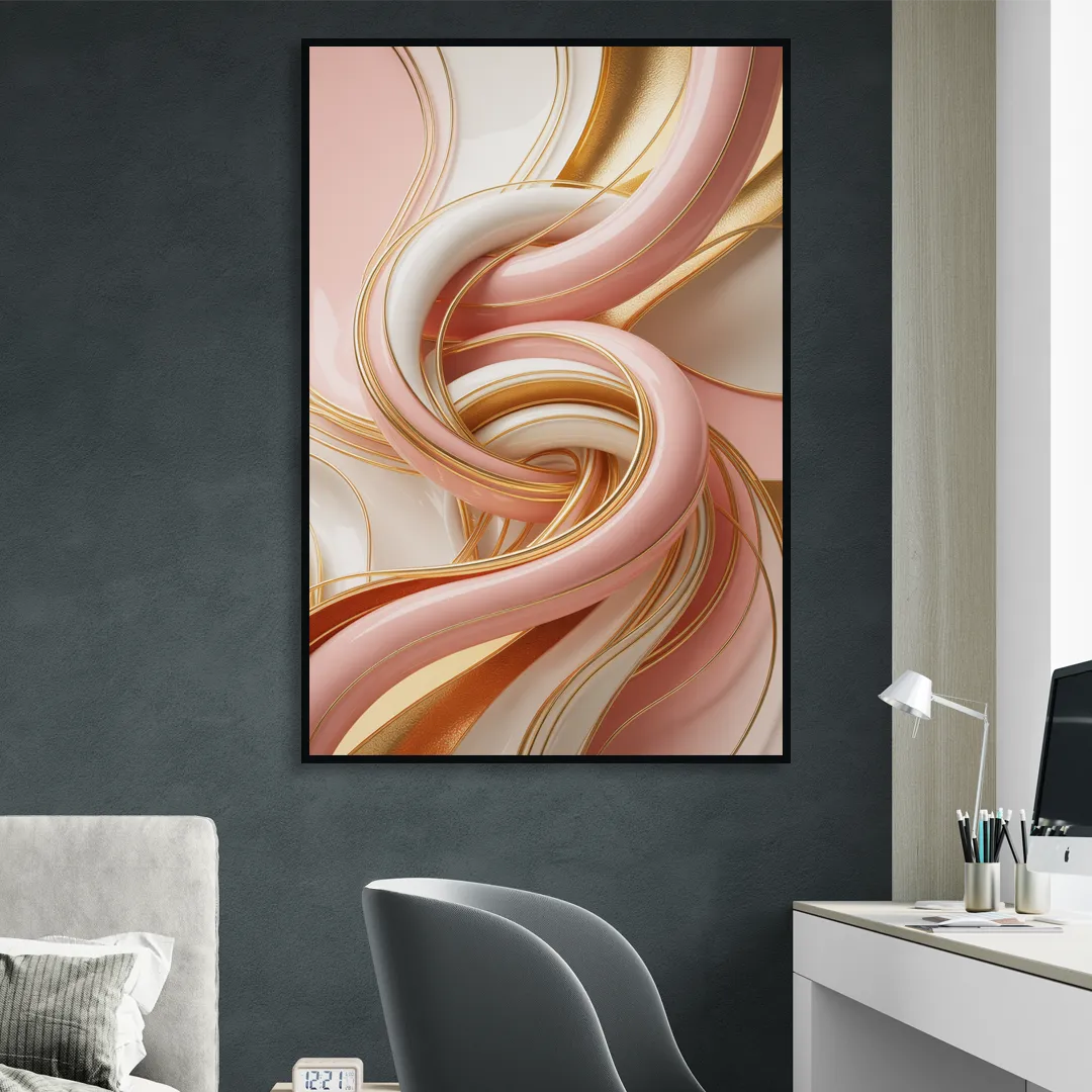 Opulent Fluidity in Pink and Gold Abstract Sitting Room - Black Canvas Wall Art