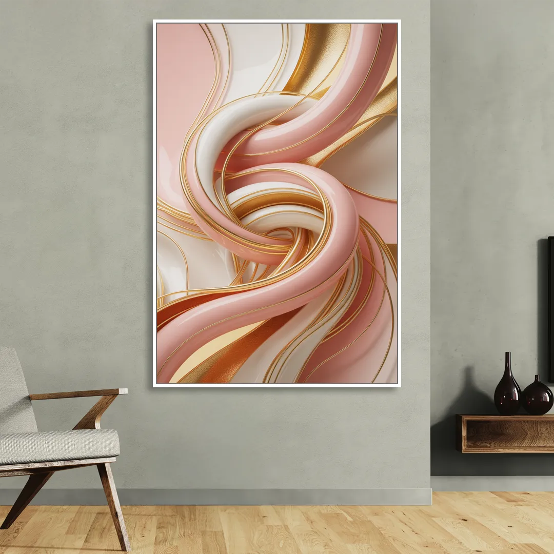 Opulent Fluidity in Pink and Gold Abstract Sitting Room - White Canvas Wall Art