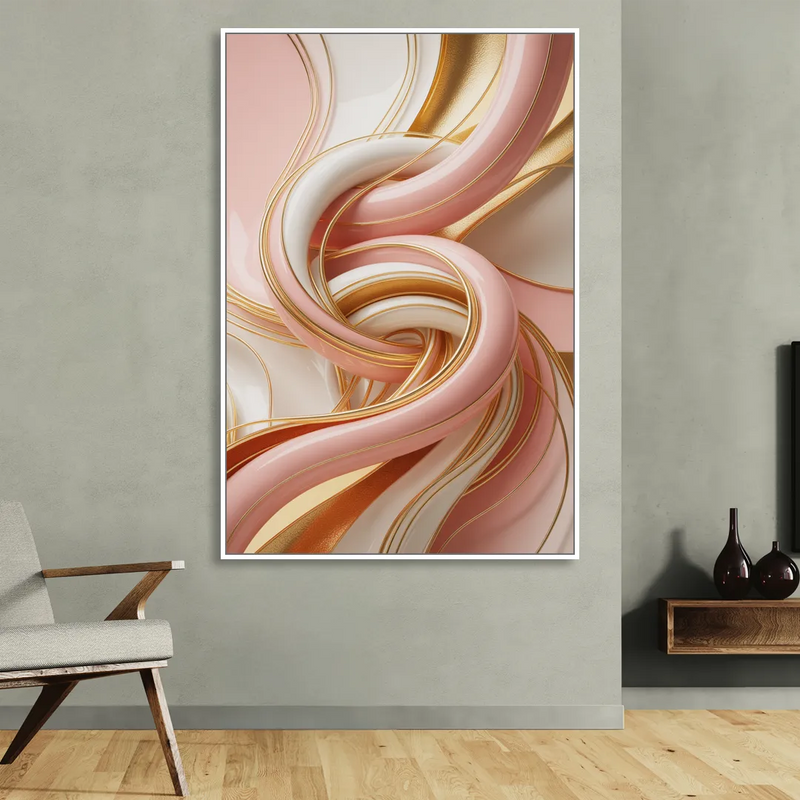 Opulent Fluidity in Pink and Gold Abstract Sitting Room - White Canvas Wall Art