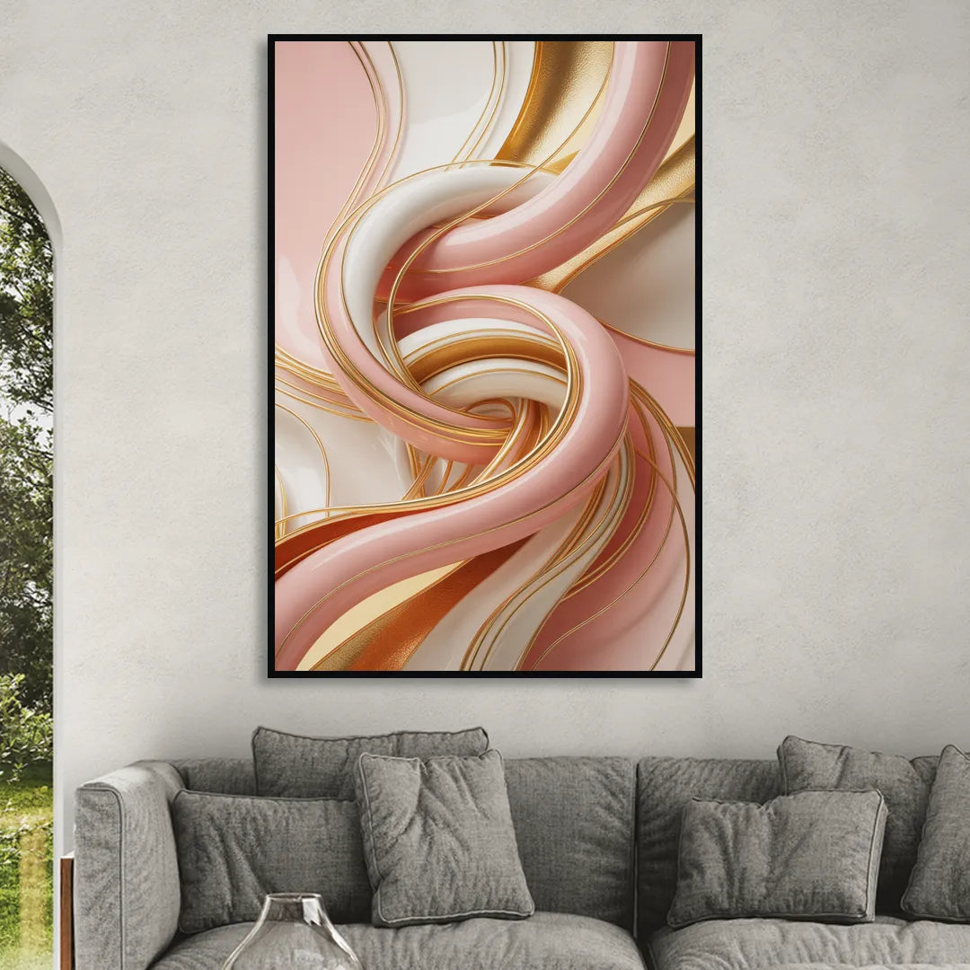 Opulent Fluidity in Pink and Gold Abstract Living Room - Black Canvas Wall Art