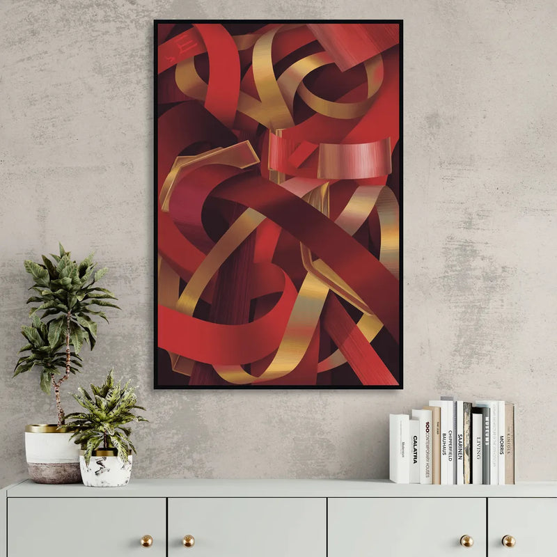 Opulent Fusion Red Abstract Sitting Room - Black Canvas Wall Art