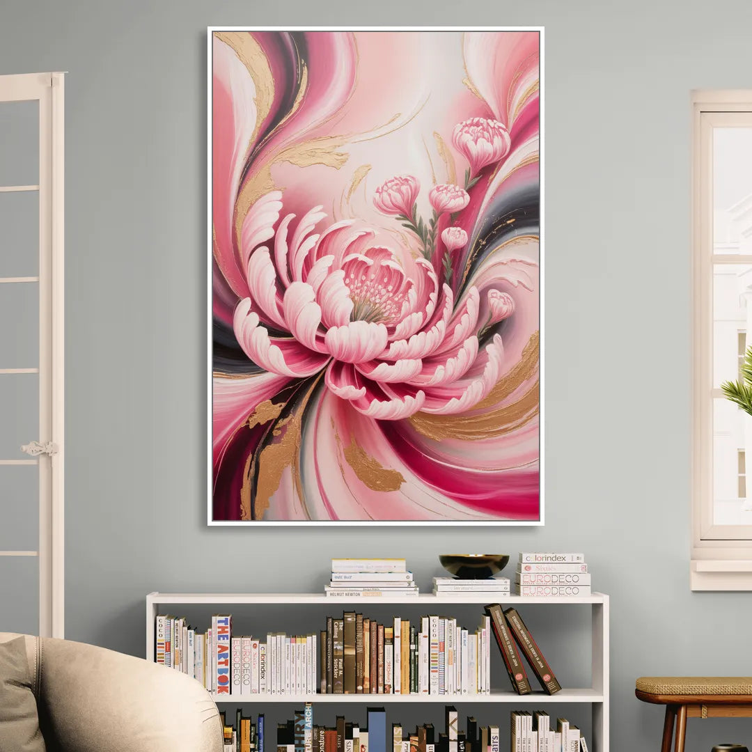 Opulent Garden Radiance Pink Abstract Living Room - White Canvas Wall Art
