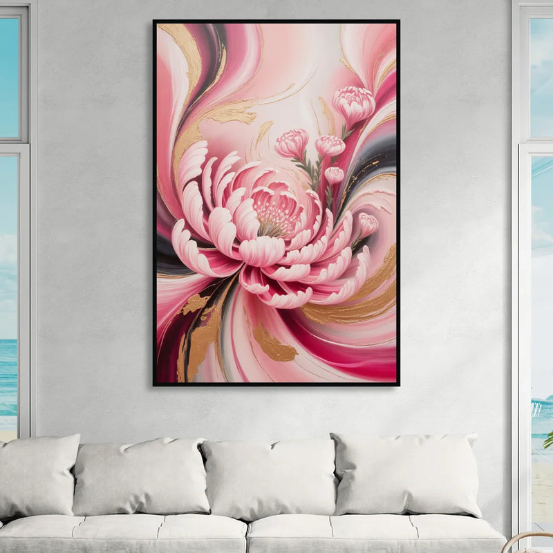 Opulent Garden Radiance Pink Abstract Sitting Room - Black Canvas Wall Art