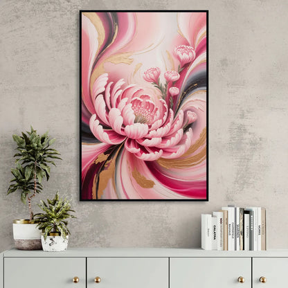 Opulent Garden Radiance Pink Abstract Living Room - Black Canvas Wall Art