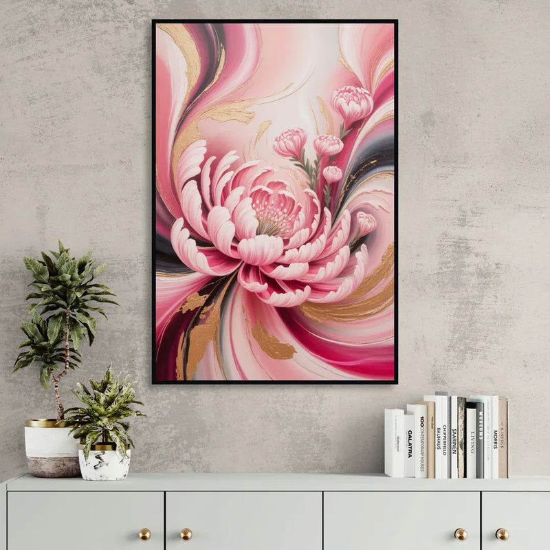 Opulent Garden Radiance Pink Abstract Living Room - Black Canvas Wall Art