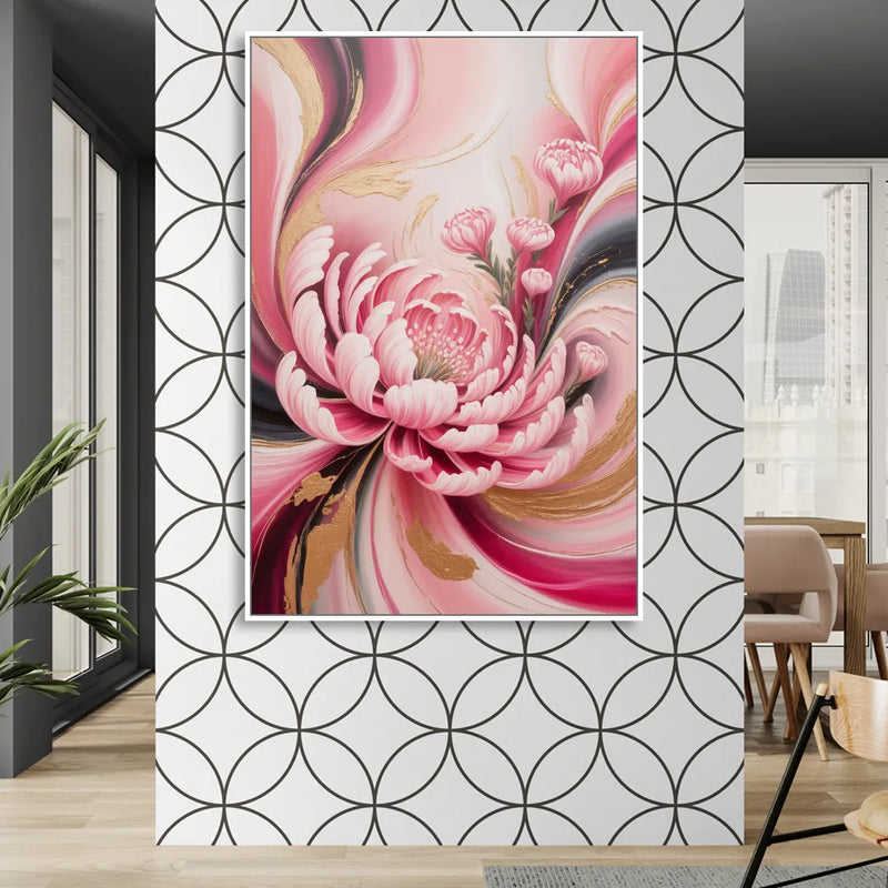 Opulent Garden Radiance Pink Abstract Sitting Room - White Canvas Wall Art