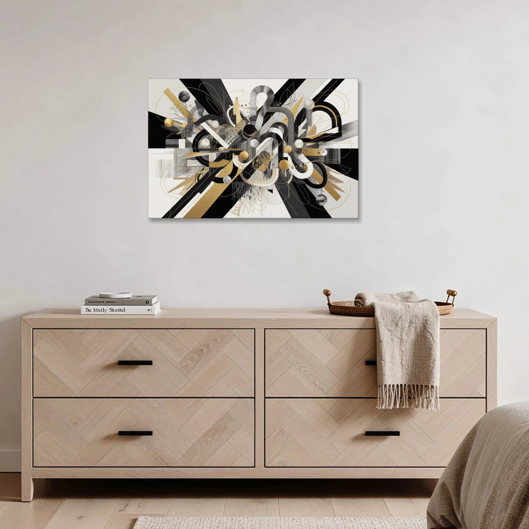 Opulent Geometric Dance Black White and Gold Abstract - Canvas Wall Art - Coffee Table - 36x24