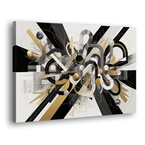 Opulent Geometric Dance Black White and Gold Abstract - Canvas Wall Art - Side