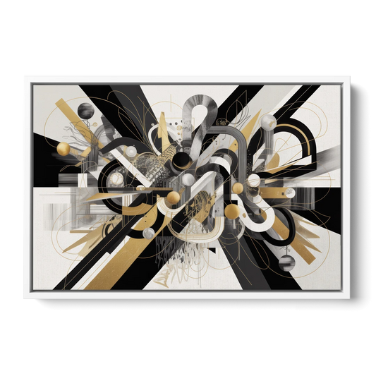 Opulent Geometric Dance Black White and Gold Abstract - White Framed Canvas Wall Art - Front
