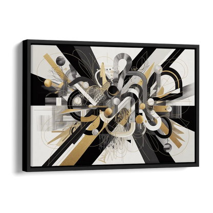 Opulent Geometric Dance Black White and Gold Abstract Side - Black Canvas Wall Art