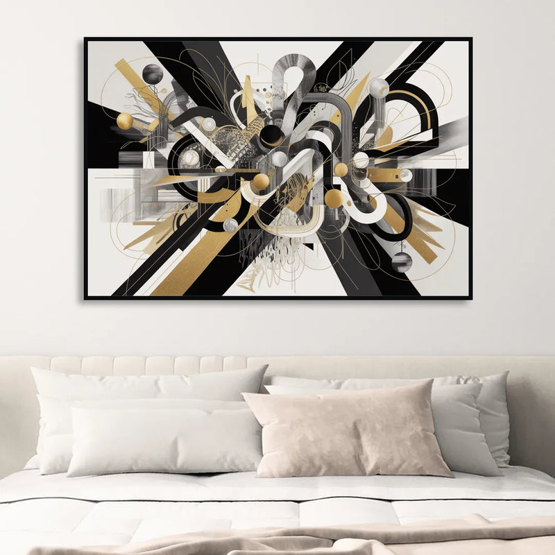 Opulent Geometric Dance Black White and Gold Abstract Living Room - Black Canvas Wall Art