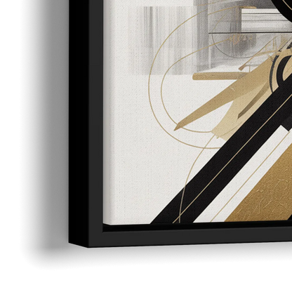 Opulent Geometric Dance Black White and Gold Abstract - Close-Up Black Frame Canvas