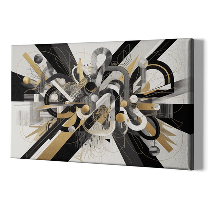 Opulent Geometric Dance Black White and Gold Abstract - Canvas Print Art Sides