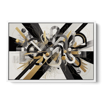 Opulent Geometric Dance Black White and Gold Abstract - White Frame Canvas