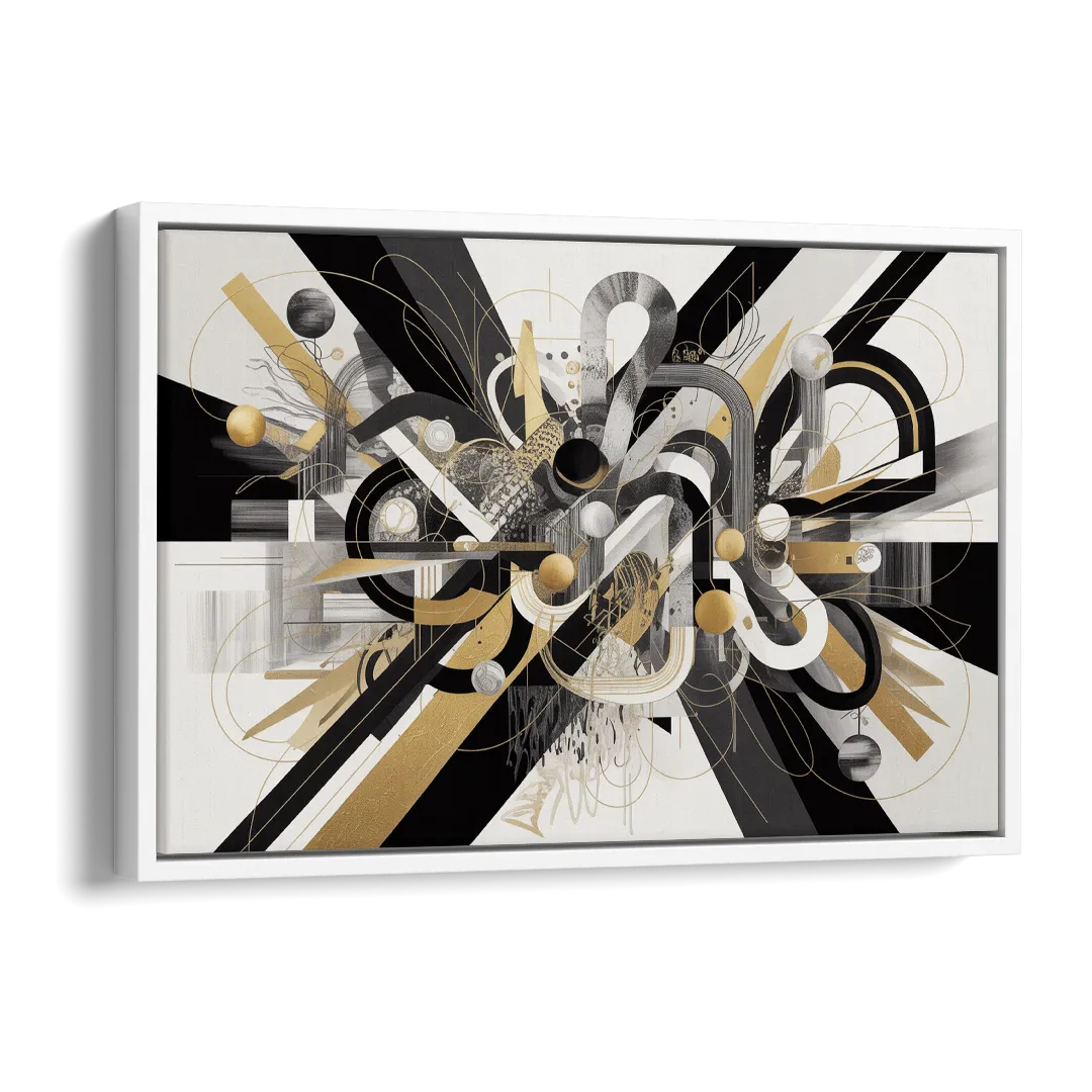 Opulent Geometric Dance Black White and Gold Abstract Side - White Canvas Wall Art