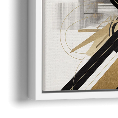 Opulent Geometric Dance Black White and Gold Abstract - Close-Up White Frame Canvas