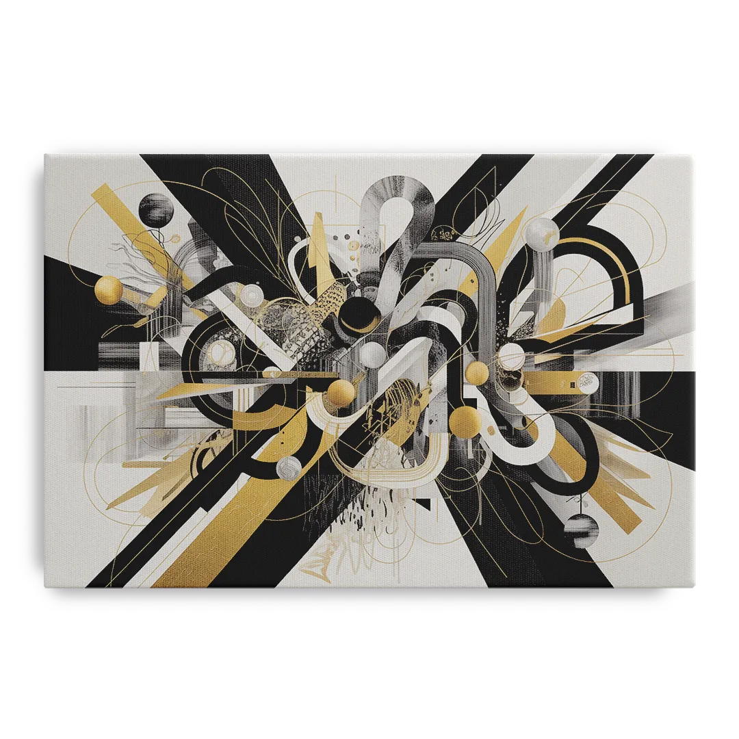 Opulent Geometric Dance Black White and Gold Abstract Front - Canvas Wall Art