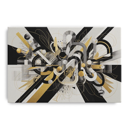 Opulent Geometric Dance Black White and Gold Abstract Front - Canvas Wall Art