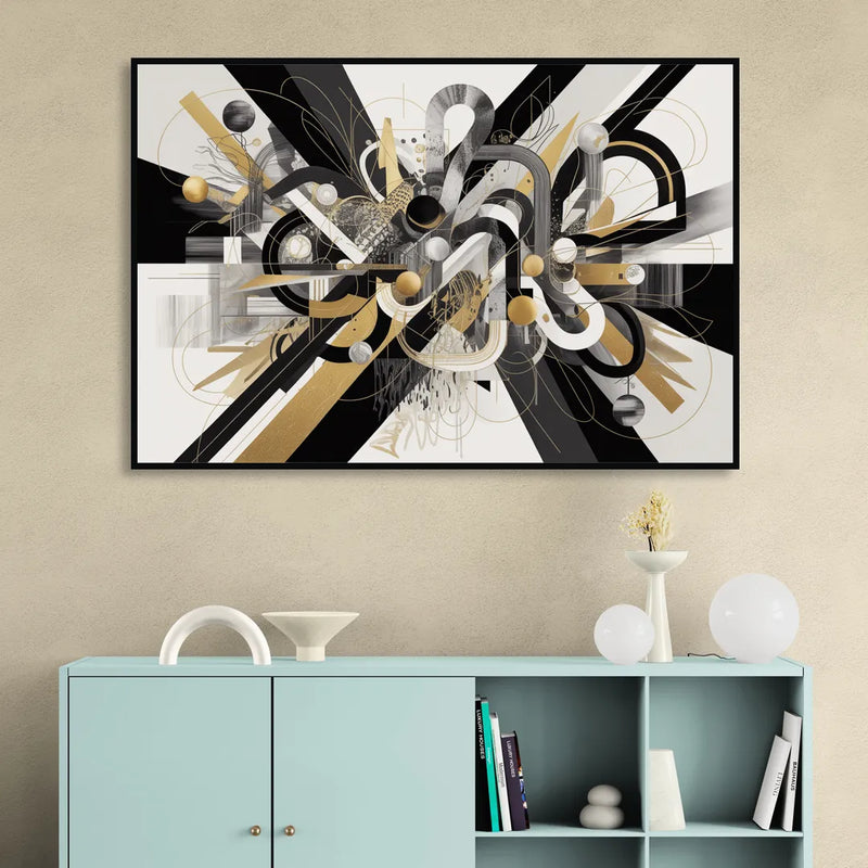 Opulent Geometric Dance Black White and Gold Abstract Sitting Room - Black Canvas Wall Art