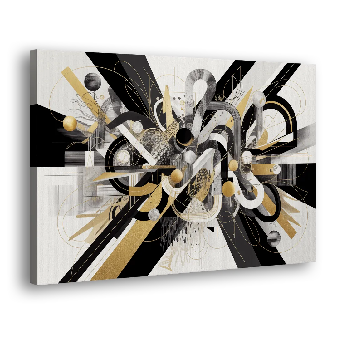 Opulent Geometric Dance Black White and Gold Abstract Side - Canvas Wall Art