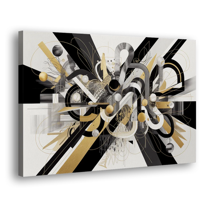Opulent Geometric Dance Black White and Gold Abstract Side - Canvas Wall Art