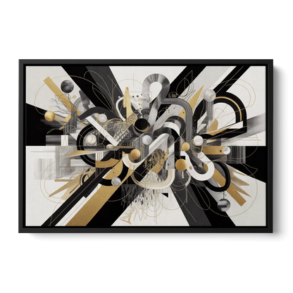 Opulent Geometric Dance Black White and Gold Abstract - Black Frame Canvas