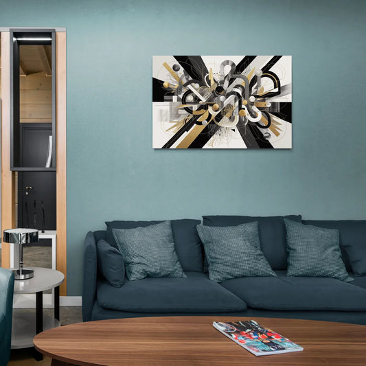 Opulent Geometric Dance Black White and Gold Abstract - Canvas Wall Art Living Room