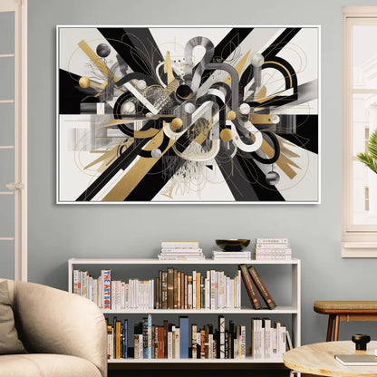 Opulent Geometric Dance Black White and Gold Abstract Living Room - White Canvas Wall Art