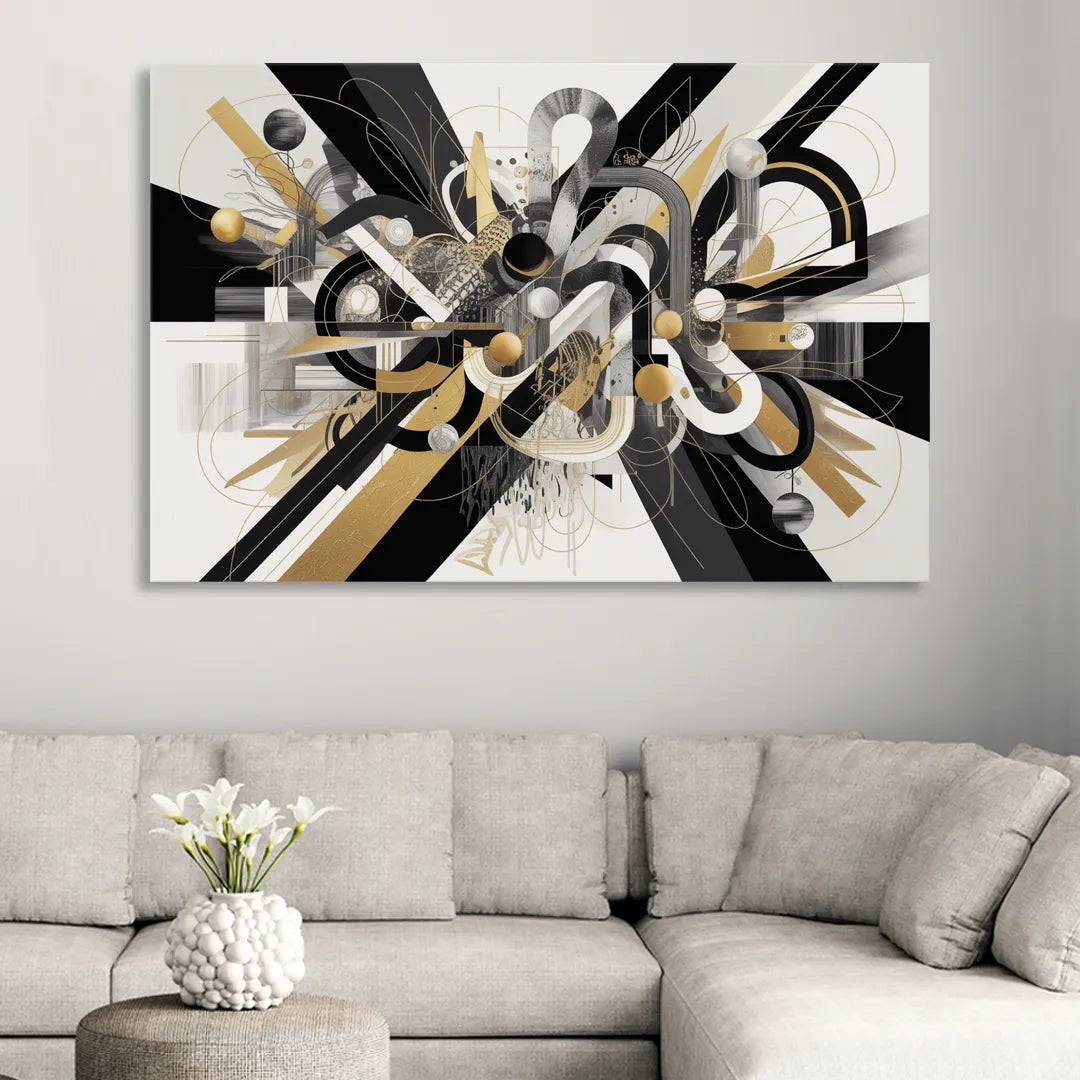 Opulent Geometric Dance Black White and Gold Abstract Sitting Room - Canvas Wall Art