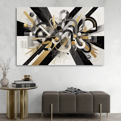 Opulent Geometric Dance Black White and Gold Abstract Living Room - Canvas Wall Art