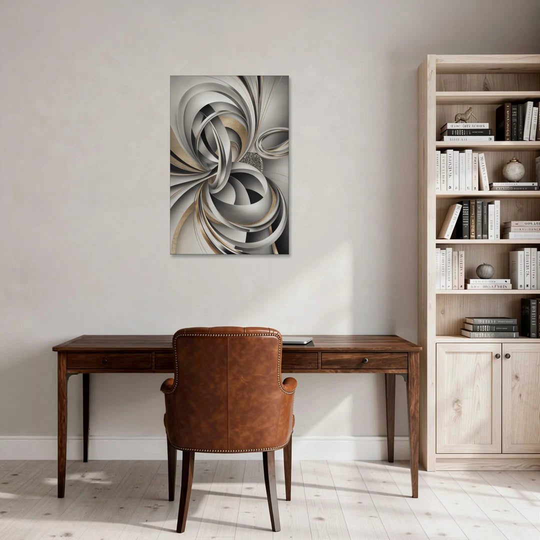 Opulent Geometric Flow Grey and Silver Abstract - Canvas Wall Art - Office - 24x36