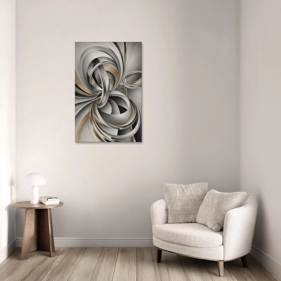 Opulent Geometric Flow Grey and Silver Abstract - Canvas Wall Art - Sofa - 24x36