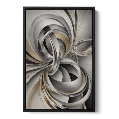 Opulent Geometric Flow Grey and Silver Abstract - Black Frame Canvas