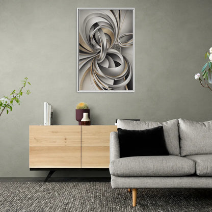 Opulent Geometric Flow Grey and Silver Abstract - Living Room White Frame Canvas
