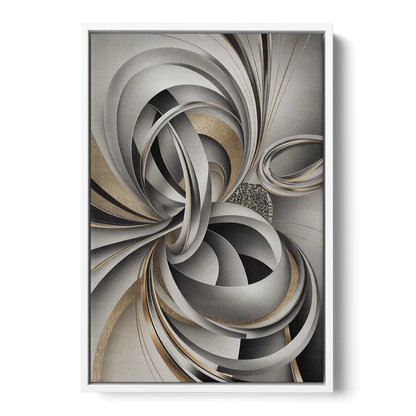 Opulent Geometric Flow Grey and Silver Abstract - White Frame Canvas