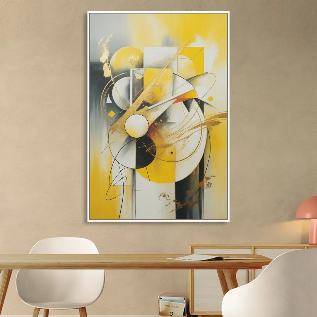 Opulent Geometric Yellow Abstract Living Room - White Canvas Wall Art