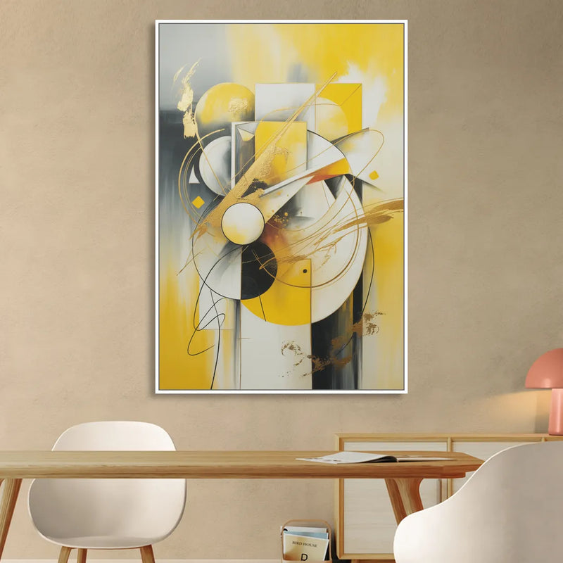 Opulent Geometric Yellow Abstract Living Room - White Canvas Wall Art
