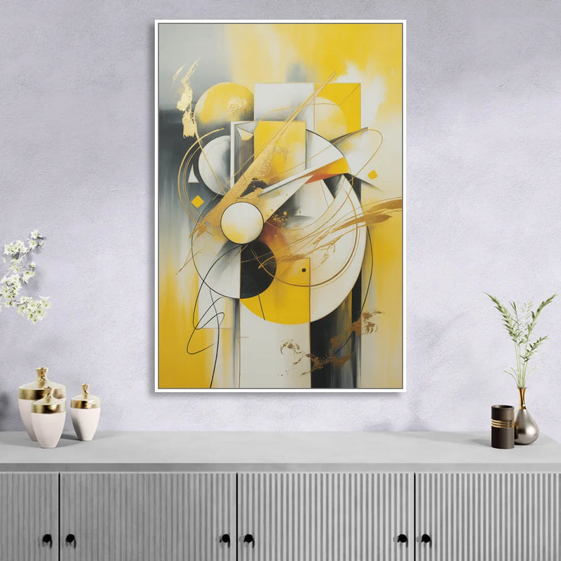 Opulent Geometric Yellow Abstract Sitting Room - White Canvas Wall Art